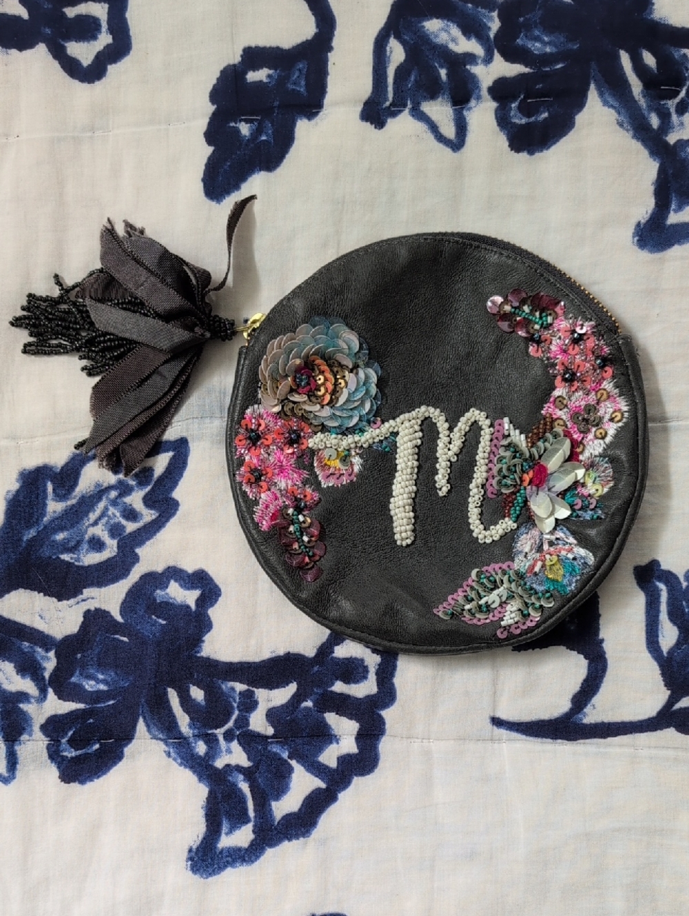Anthropologie "M" Round Beaded Floral Leather Clutch